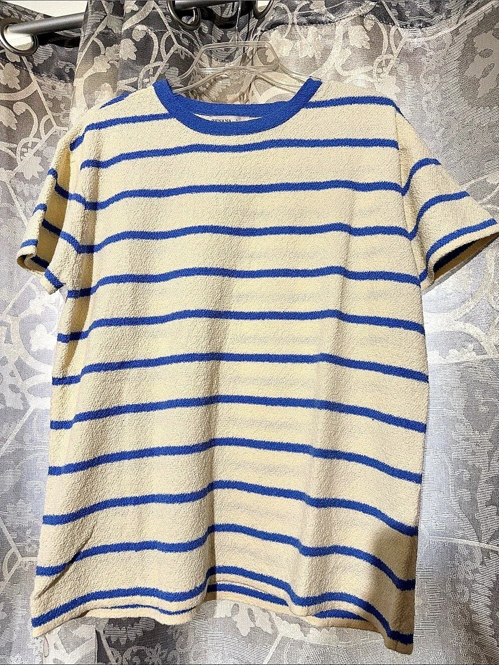 Zenana TW-2697Y Striped Short Sleeve Top Cream & Blue Large NWT